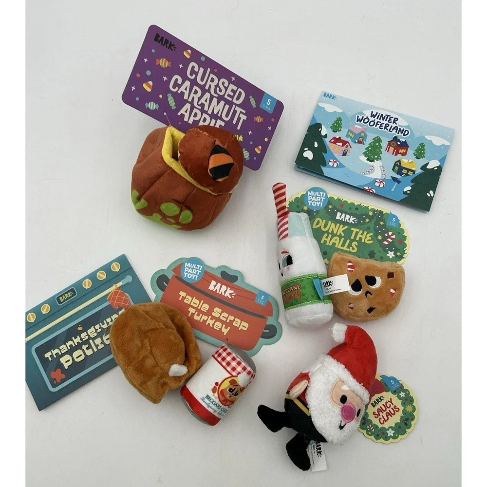 Bark Box Lot Of 4 Small Dog Toys Cursed Caramutt Apple Dunk The Halls  New